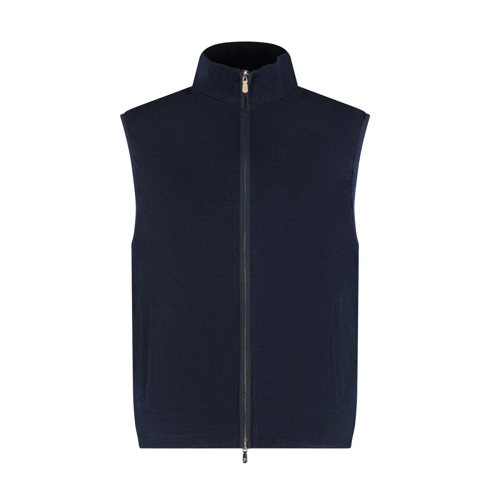 Navy blue vest with a zipper on a white background