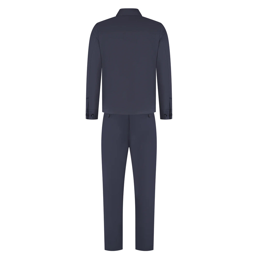 Navy blue suit jacket and pants on a white background
