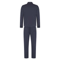 Navy blue suit jacket and pants on a white background