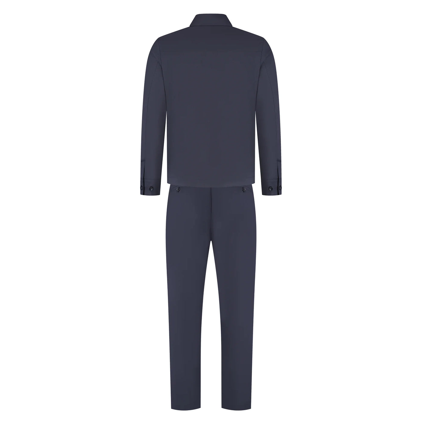 Navy blue suit jacket and pants on a white background