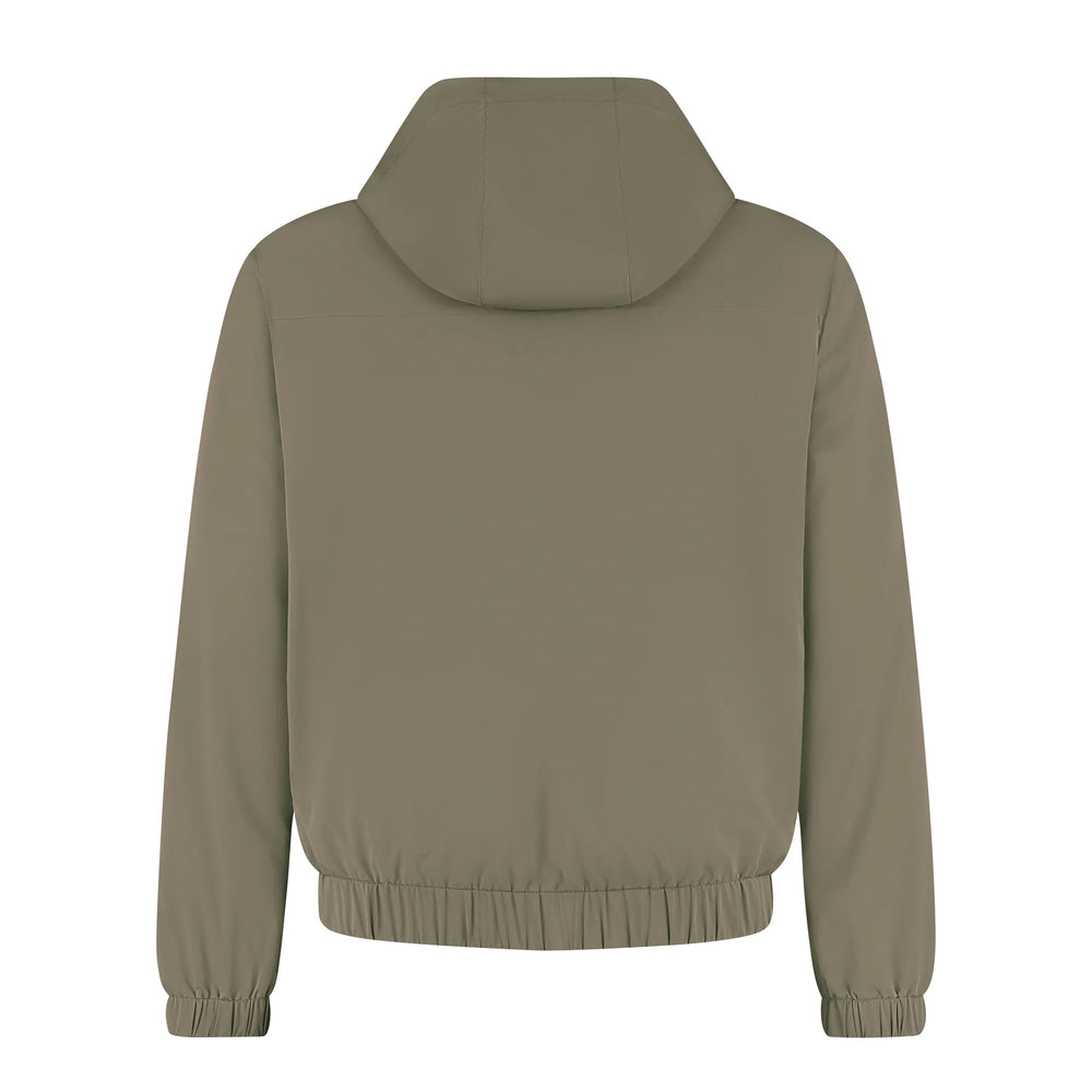 Back view of a beige hoodie on a white background