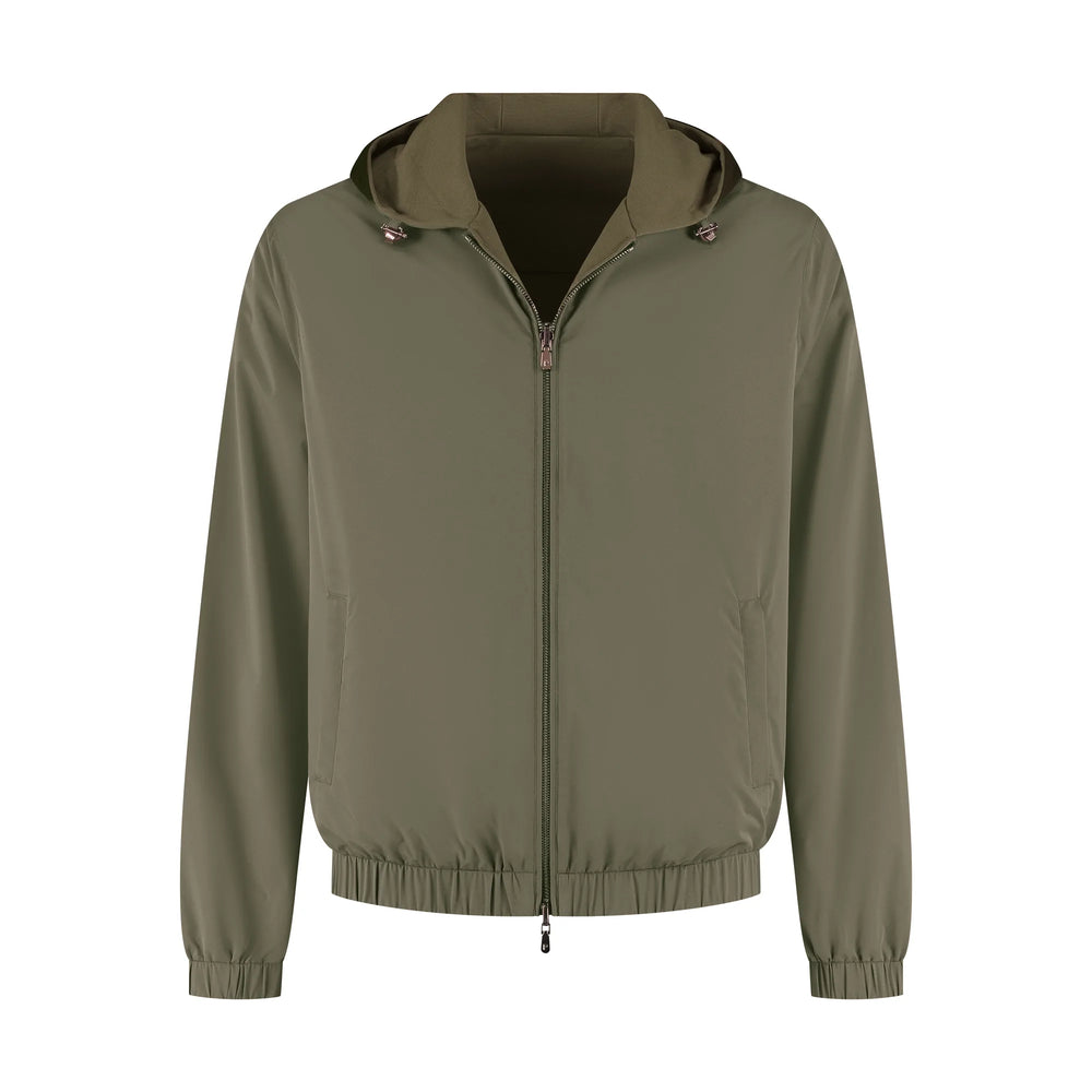 Green jacket with a hood on a white background