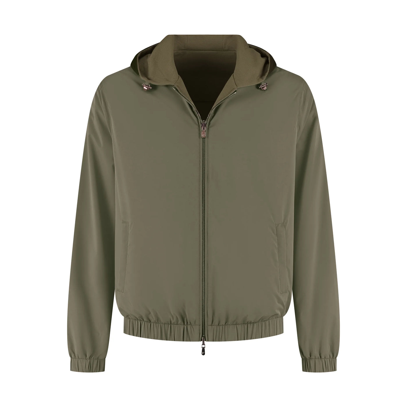Green jacket with a hood on a white background
