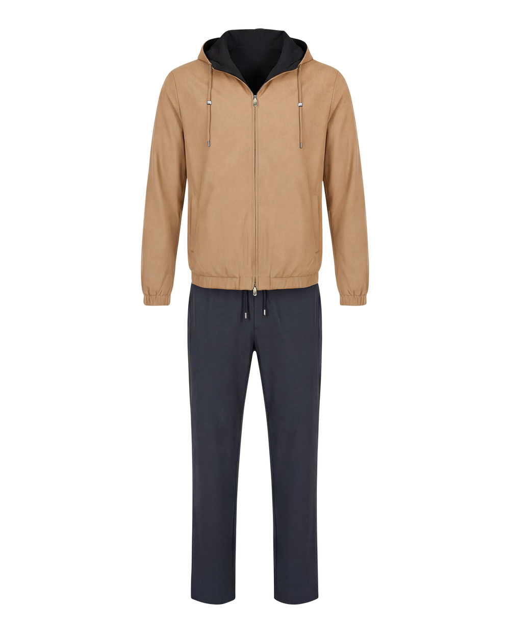 Beige jacket with black hood and navy pants on a white background