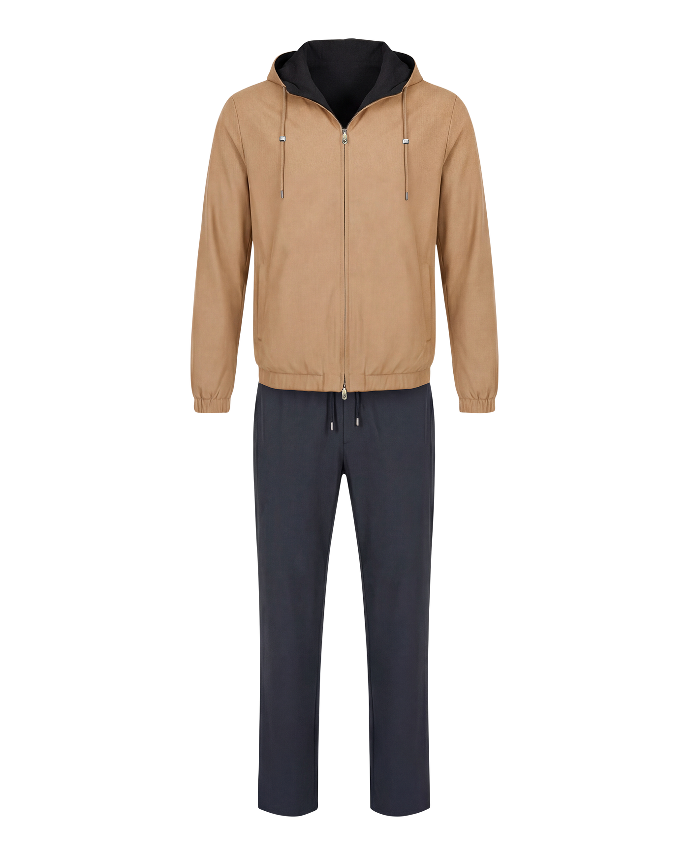 Beige jacket with black hood and navy pants on a white background