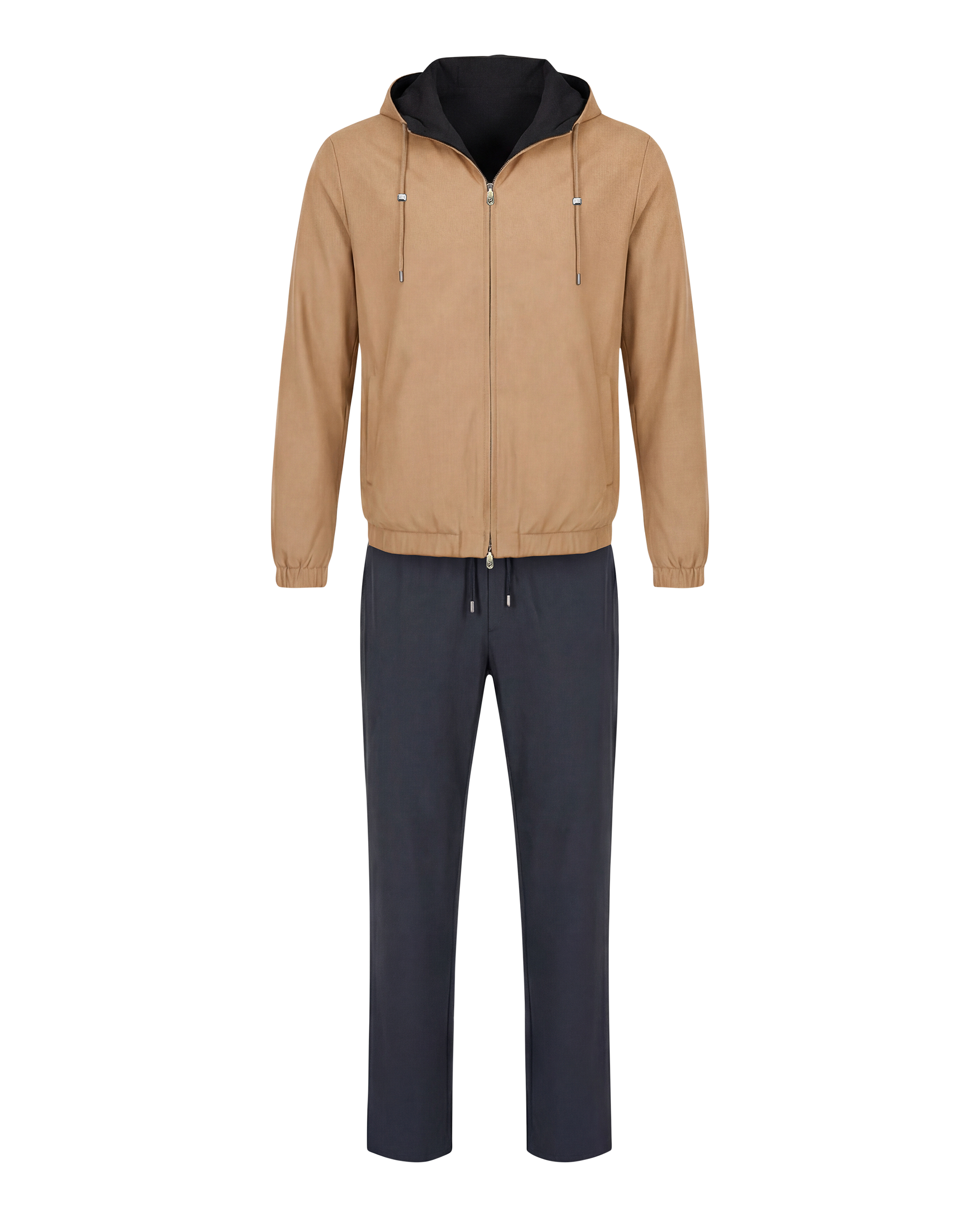 Beige jacket with black hood and navy pants on a white background