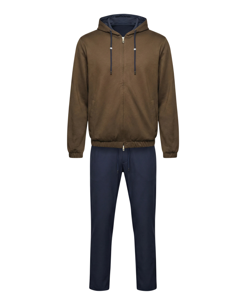Brown hoodie and navy pants on a white background