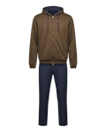 Brown hoodie and navy pants on a white background
