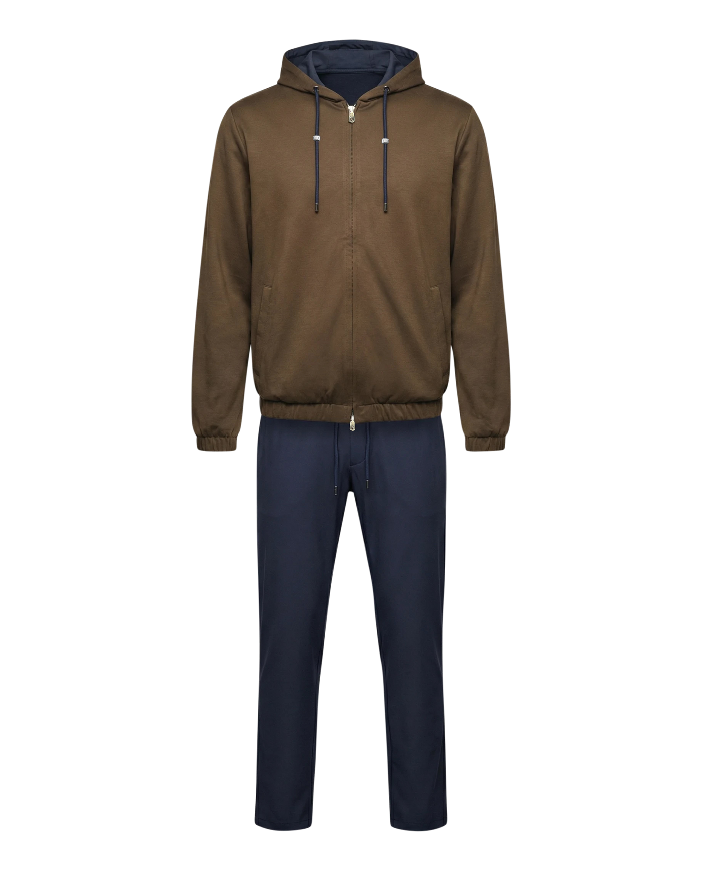 Brown hoodie and navy pants on a white background