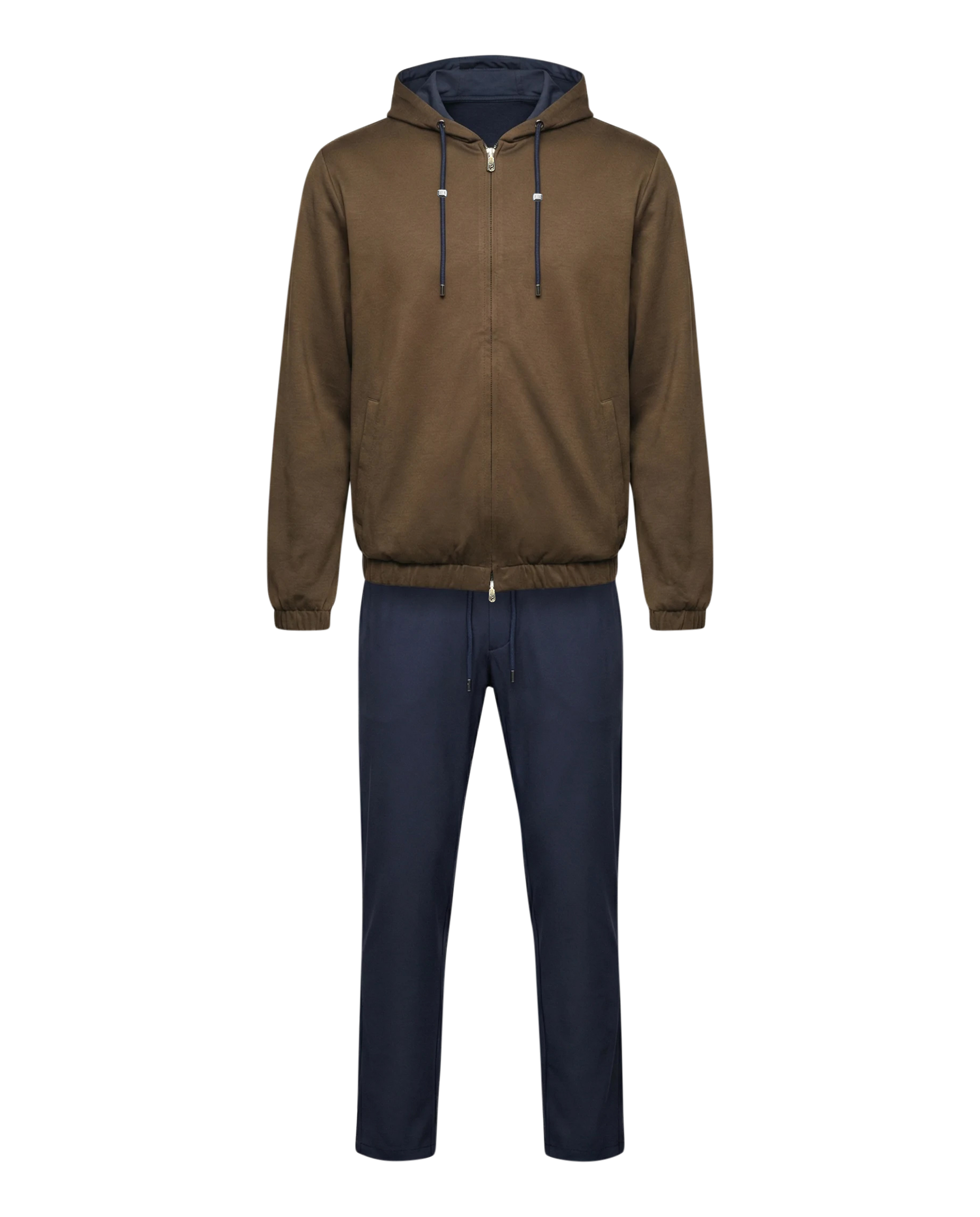 Brown hoodie and navy pants on a white background