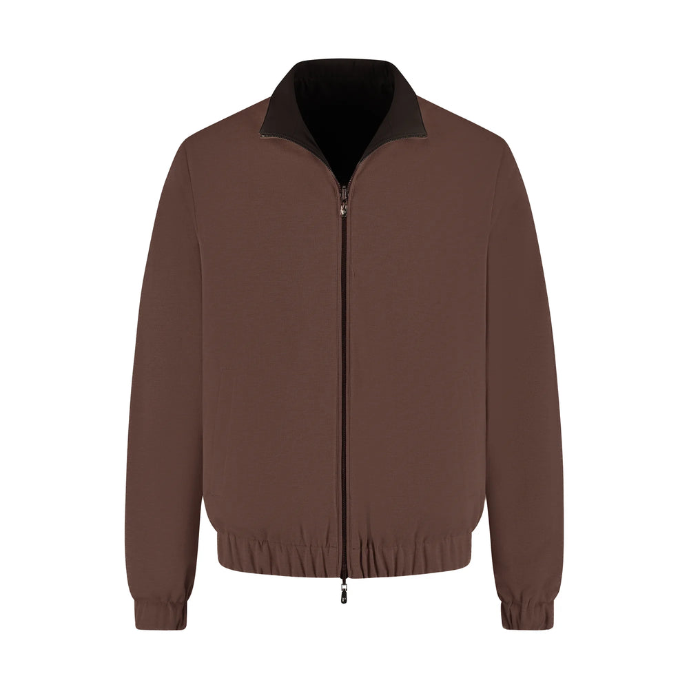 Brown jacket with black collar on a white background