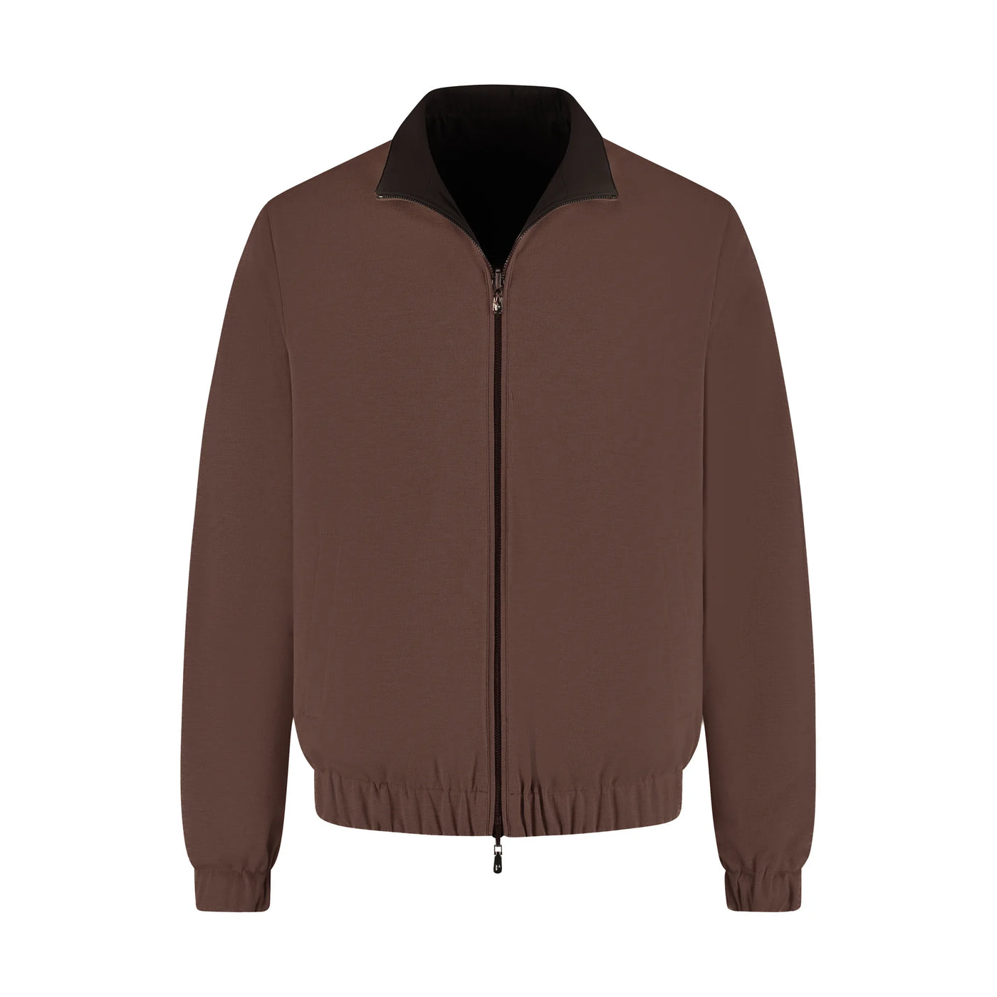 Brown jacket with black collar on a white background