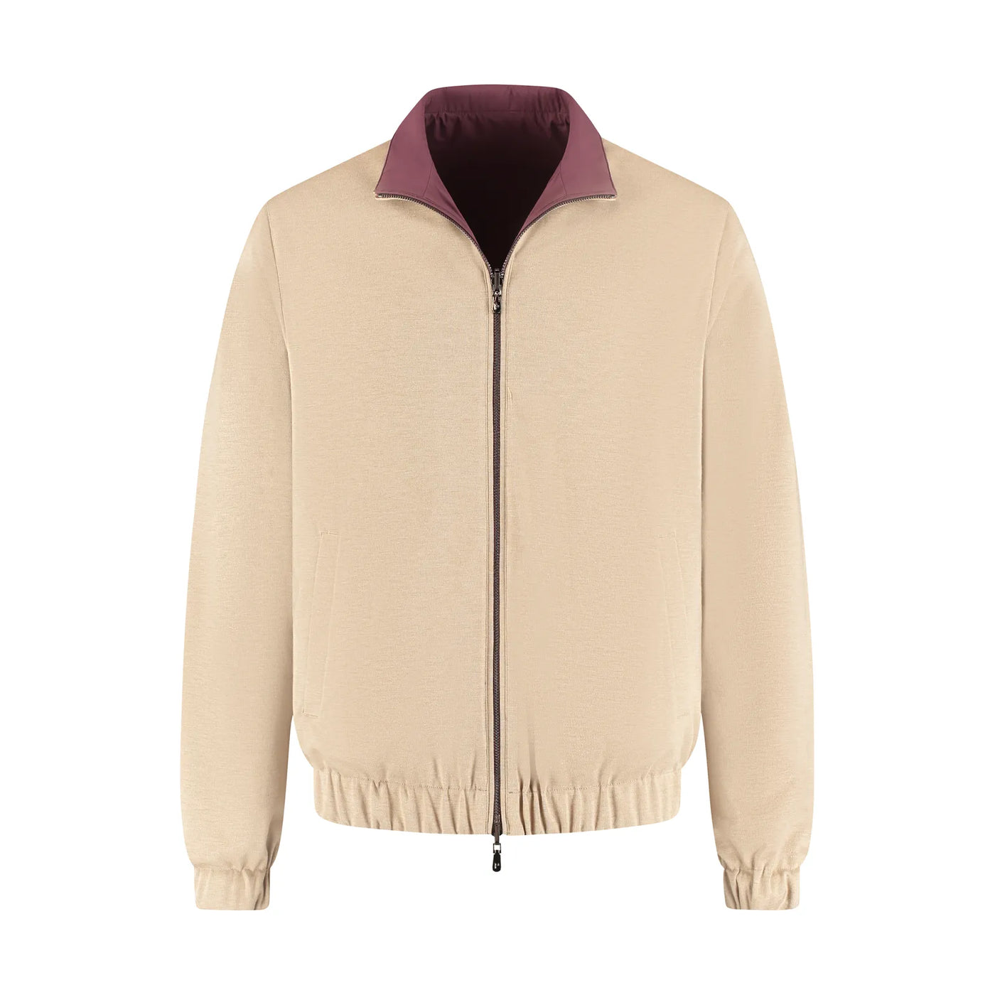 Beige jacket with a purple collar on a white background