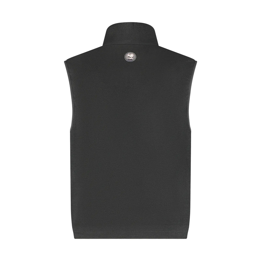 Black sleeveless sweater vest on a white background