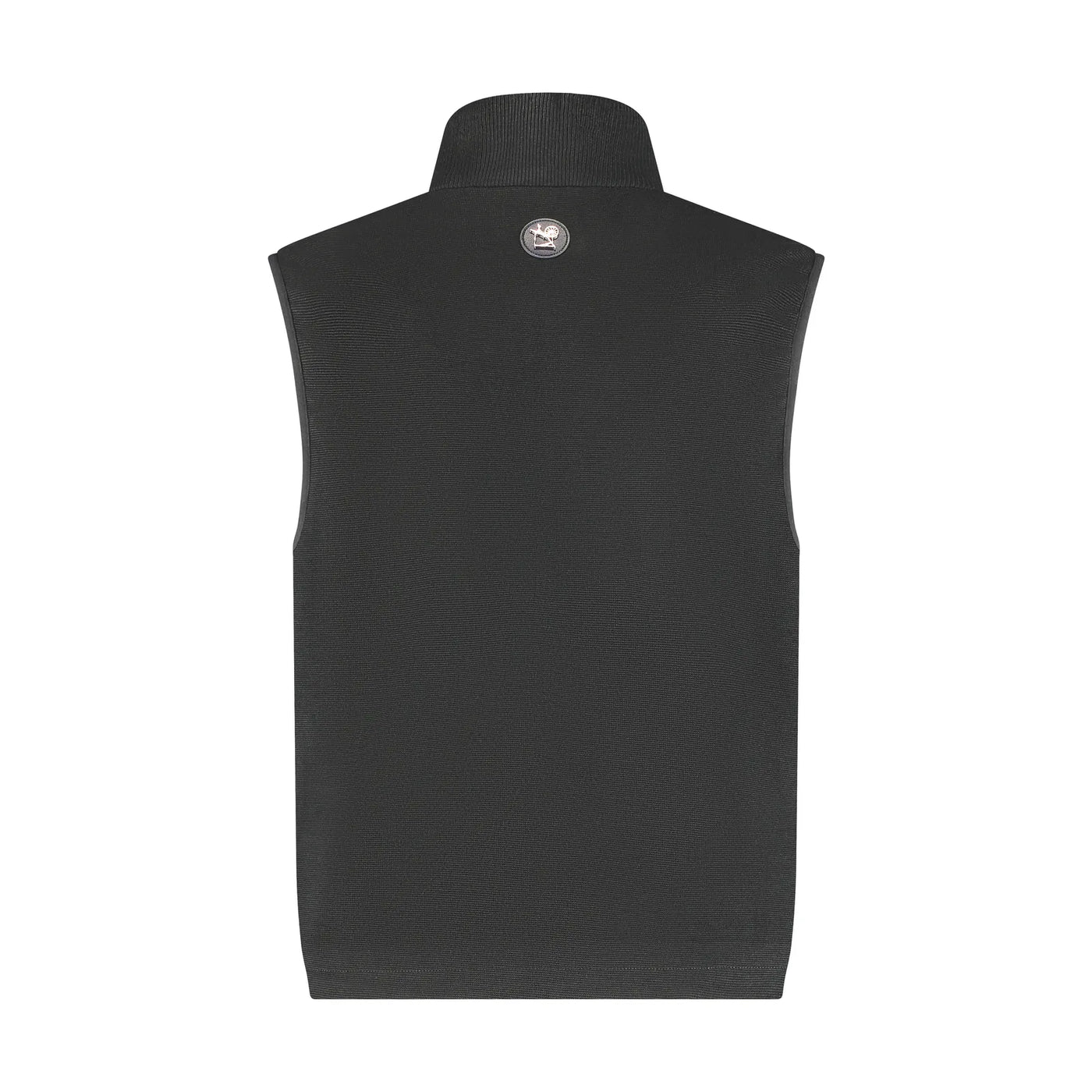 Black sleeveless sweater vest on a white background