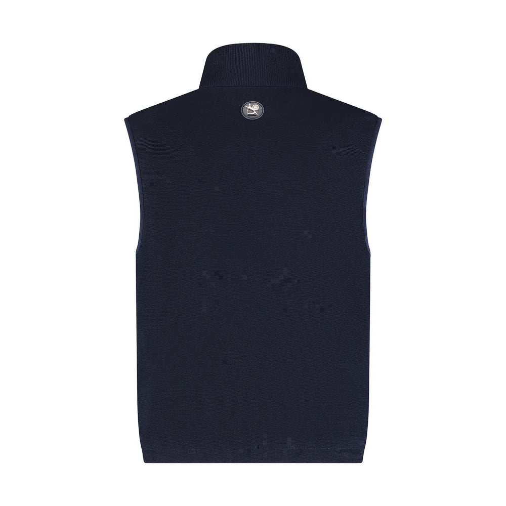 Black sleeveless vest with a brand logo on a white background