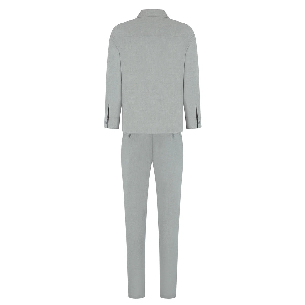 Light gray suit jacket and pants on a white background