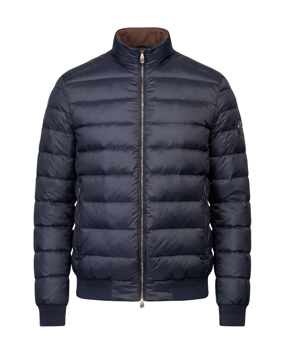 Navy blue puffer jacket on a white background