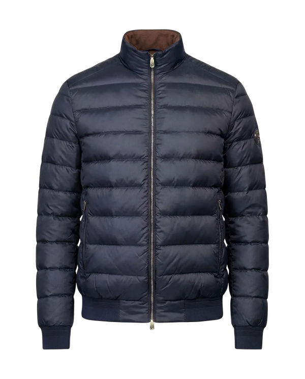 Navy blue puffer jacket on a white background