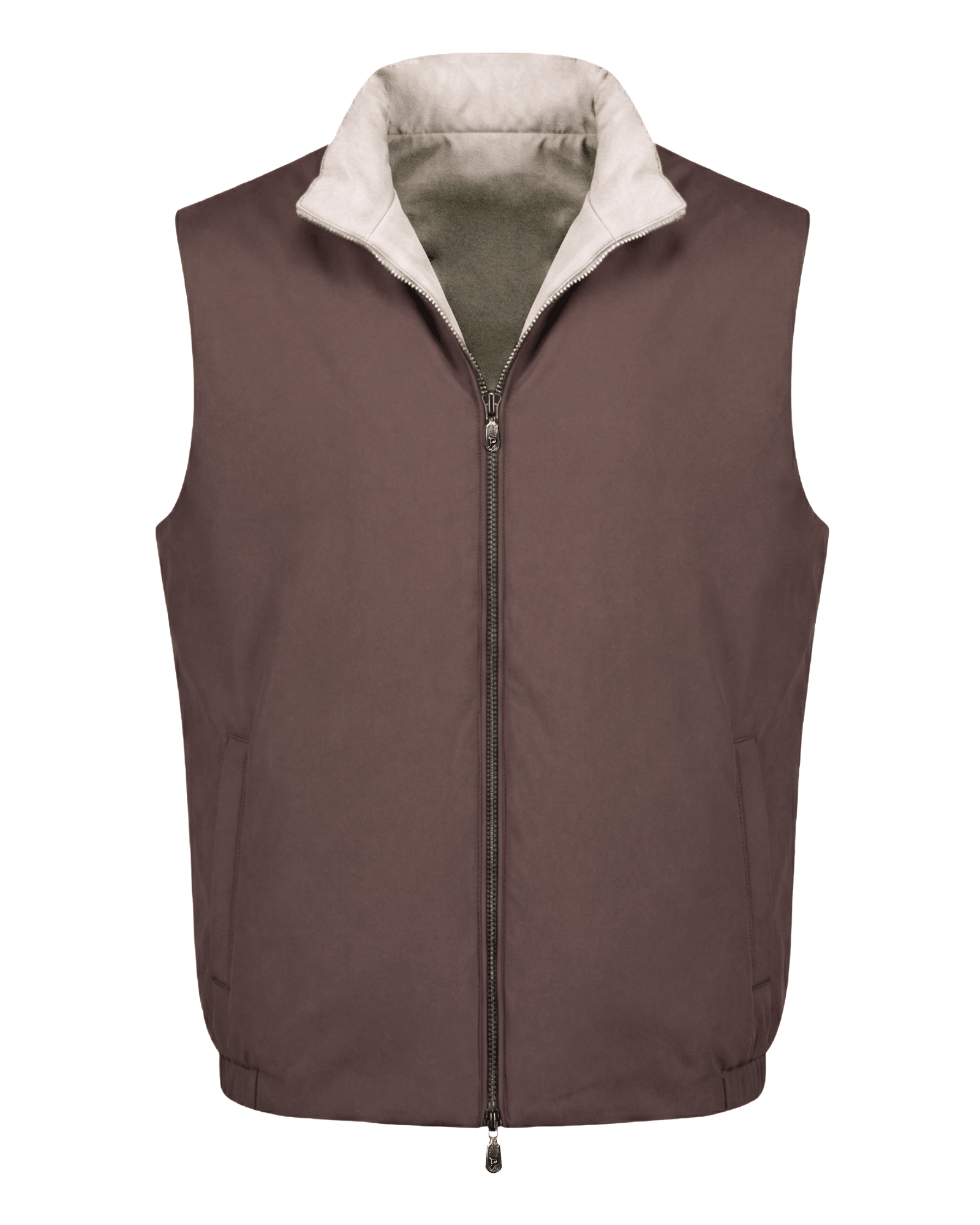 Brown vest with a white collar on a white background