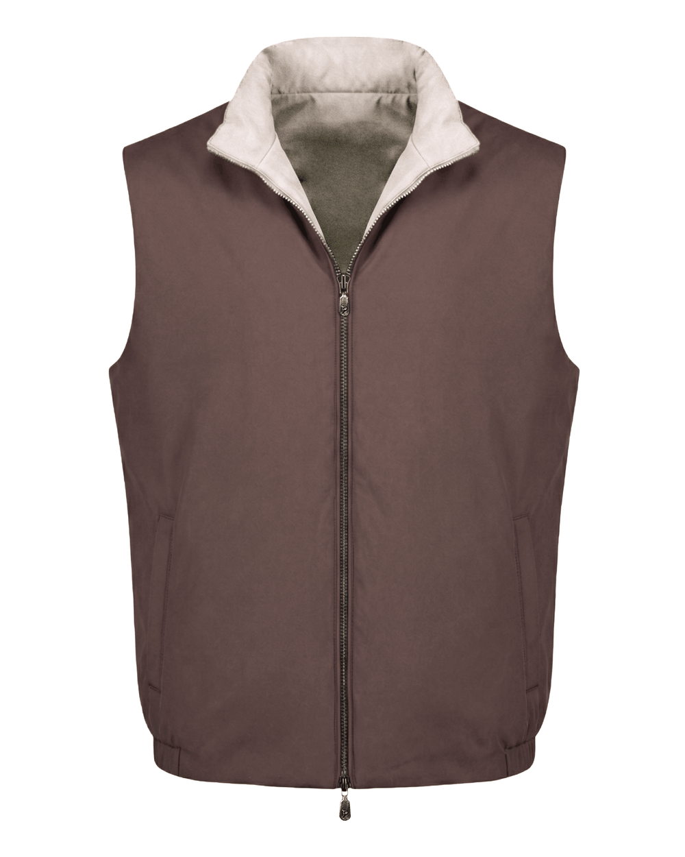 Brown vest with a white collar on a white background