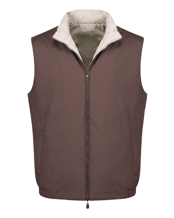 Brown vest with a white collar on a white background