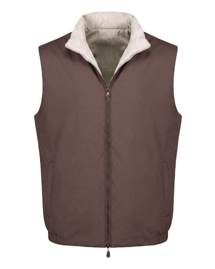 Brown vest with a white collar on a white background
