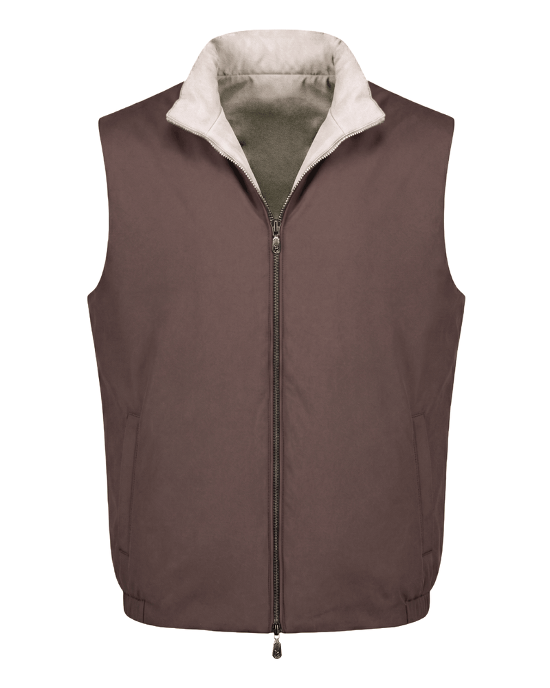 Brown vest with a white collar on a white background