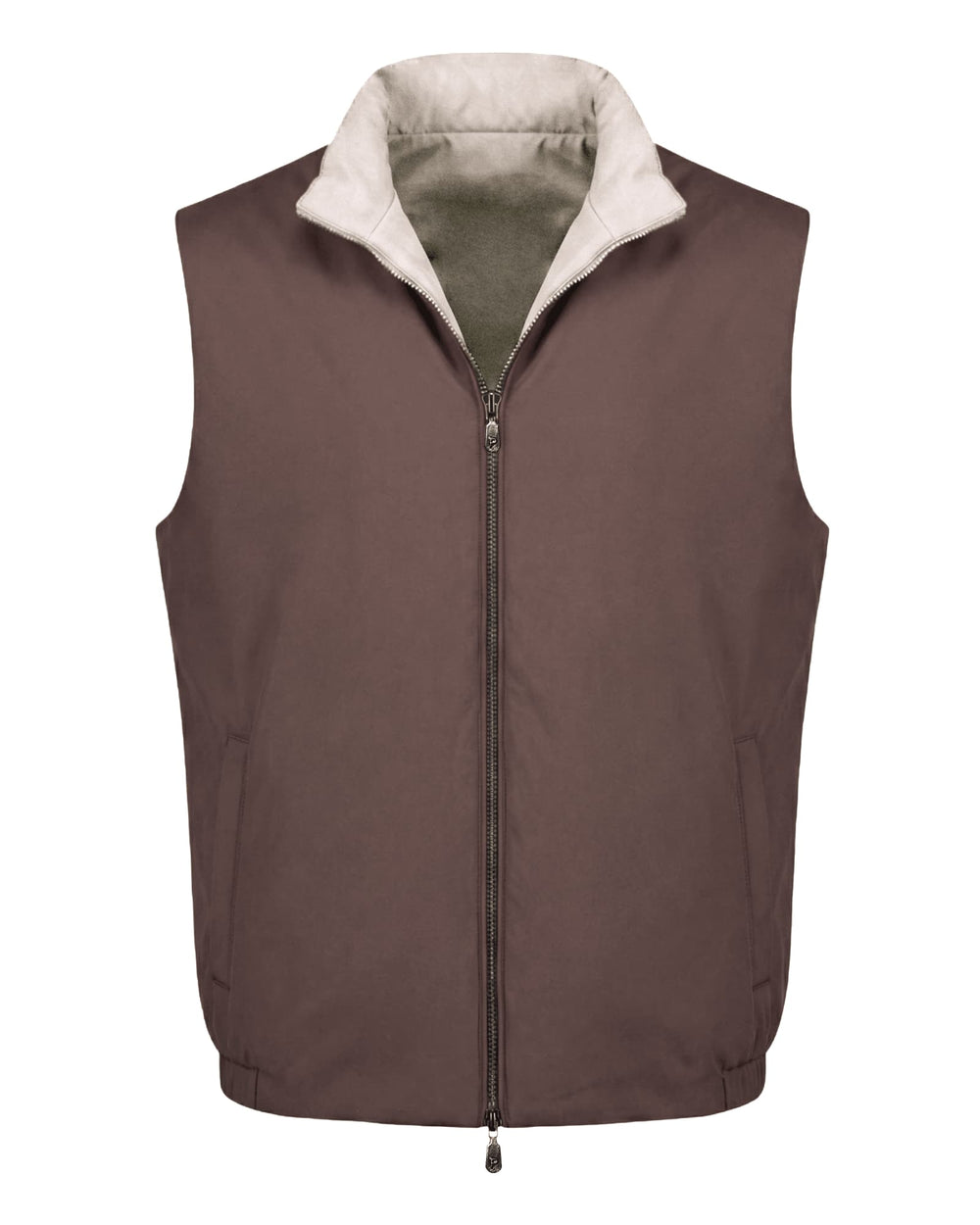 Brown vest with a white collar on a white background