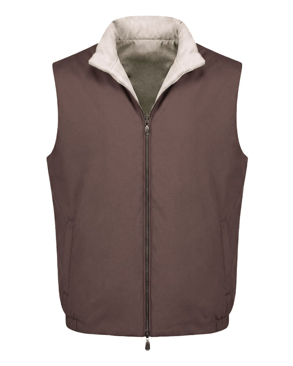 Brown vest with a white collar on a white background