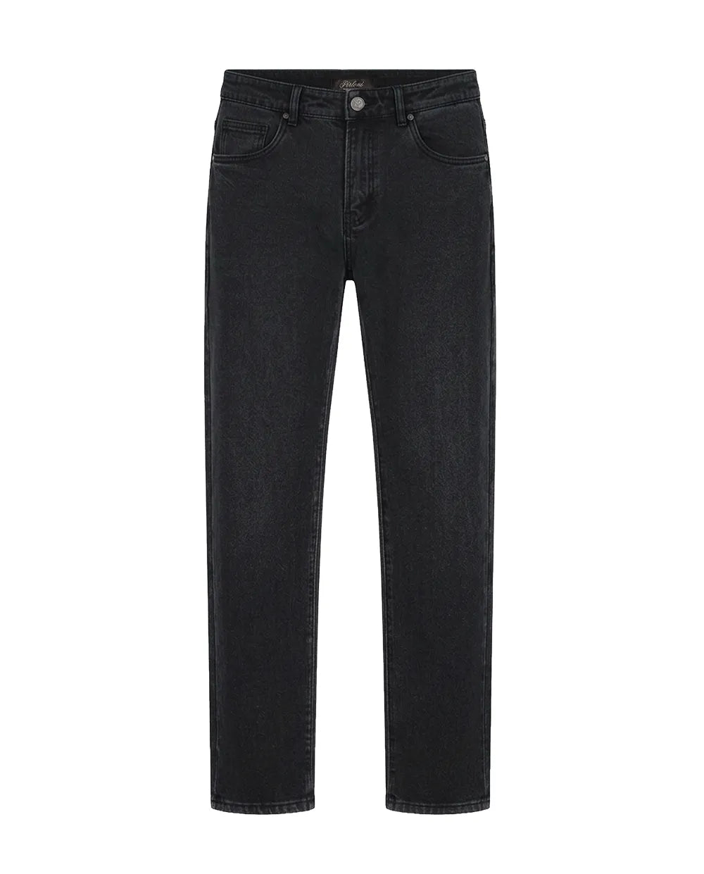 Black slim-fit denim jeans shown flat against a plain white background.