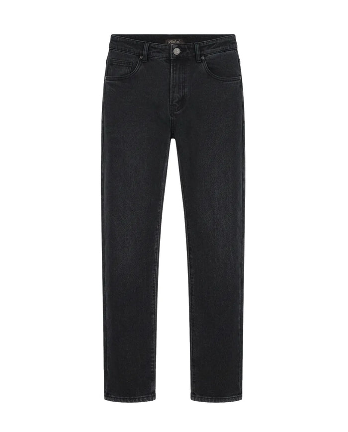 Black slim-fit denim jeans shown flat against a plain white background.