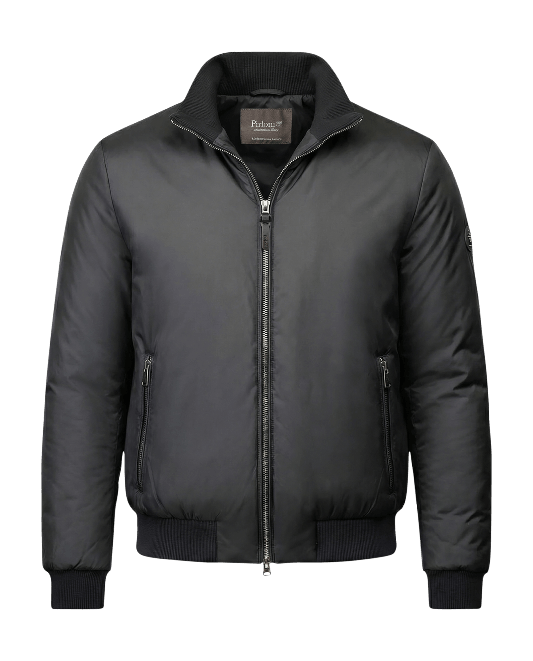 Black jacket with a brand label on a black background