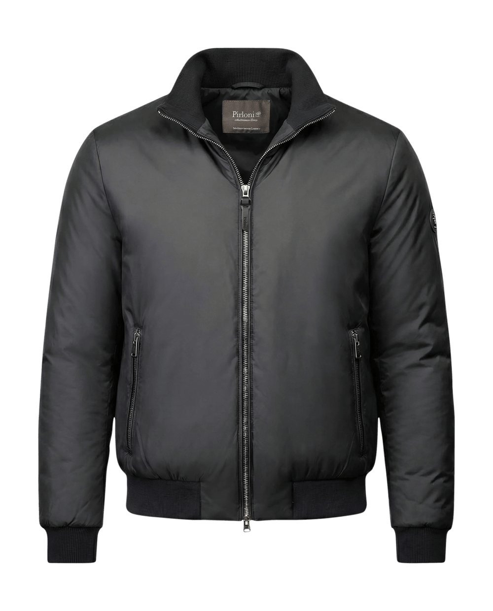 Black jacket with a brand label on a black background