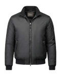 Black jacket with a brand label on a black background