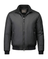Black jacket with a brand label on a black background