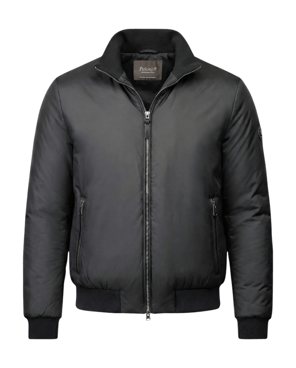 Black jacket with a brand label on a black background