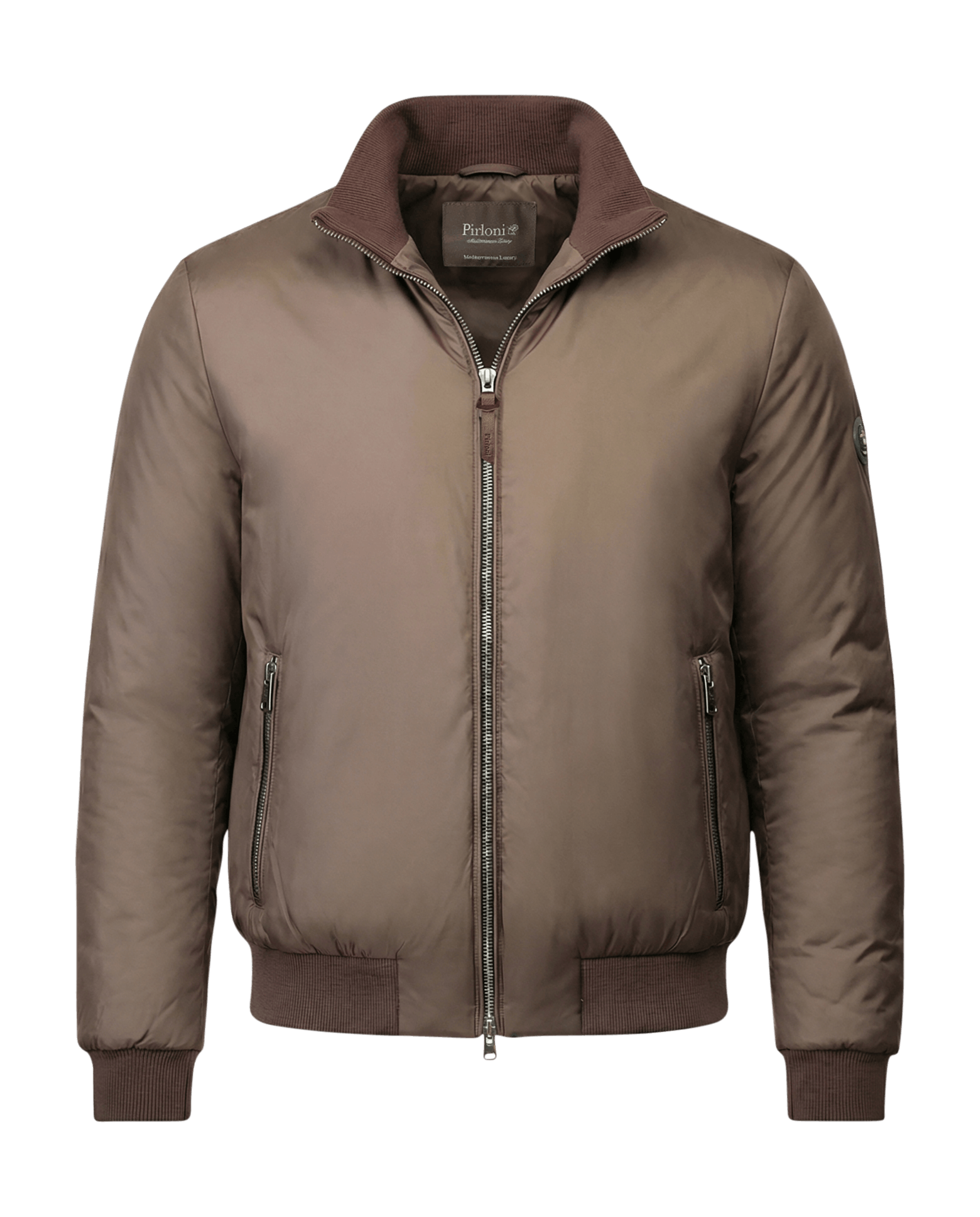 Brown jacket with a visible brand logo on a black background
