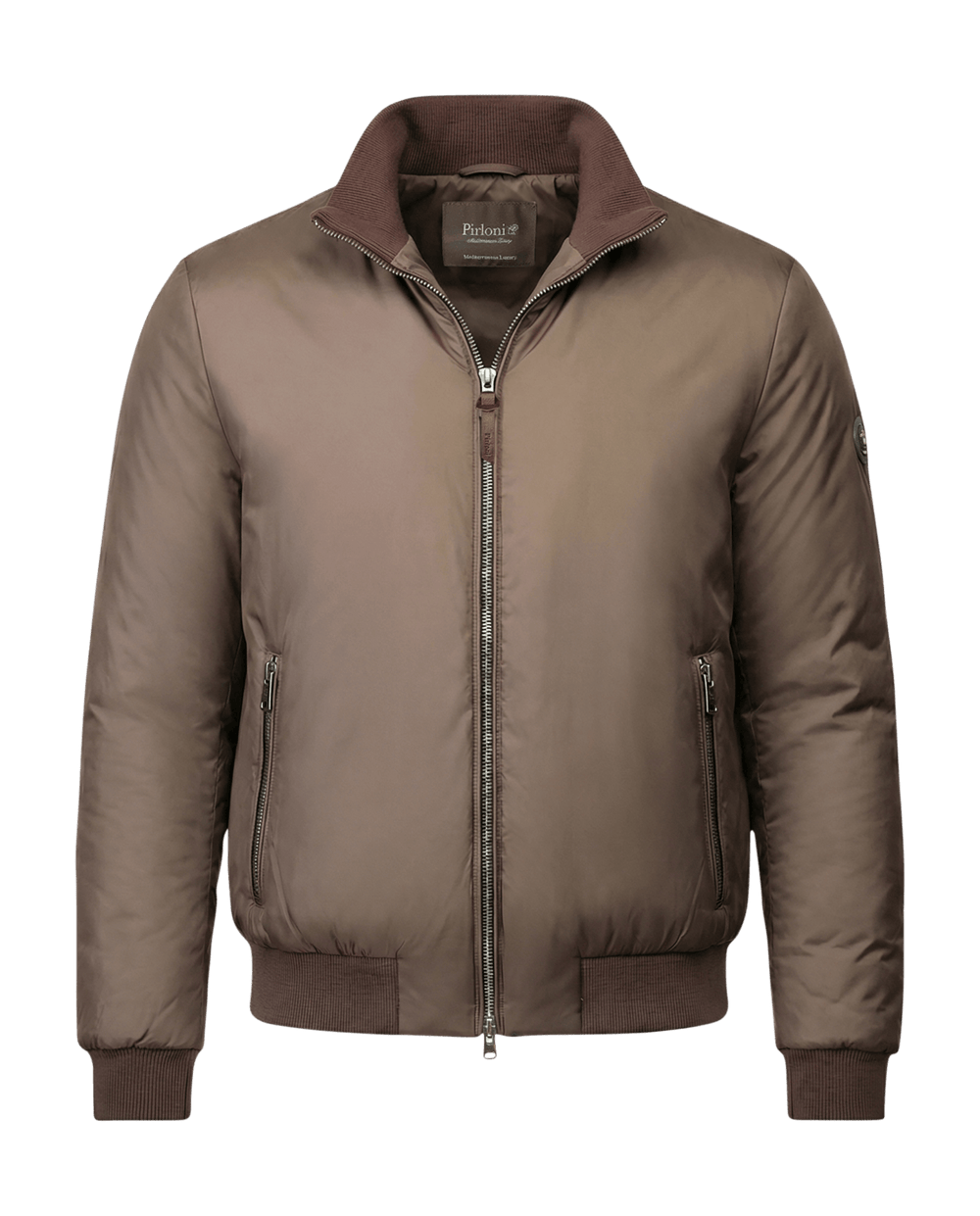 Brown jacket with a visible brand logo on a black background
