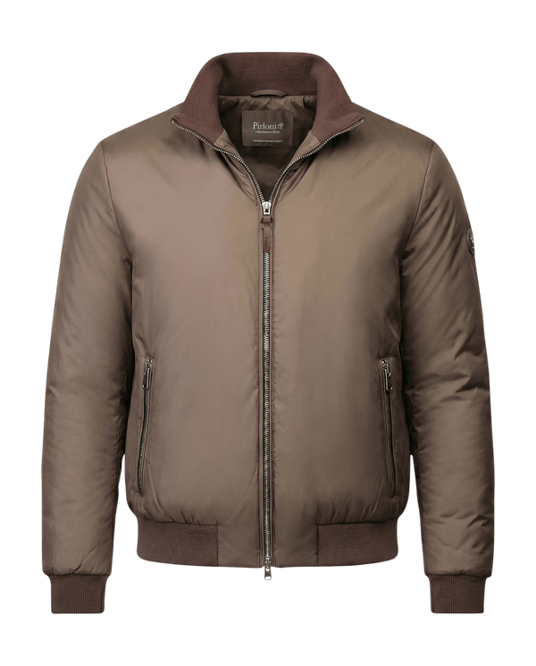 Brown jacket with a visible brand logo on a black background