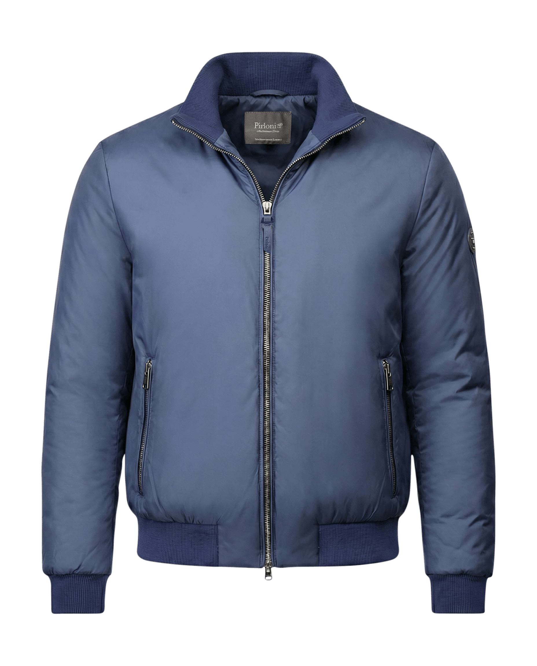 Blue jacket with a brand label on a black background