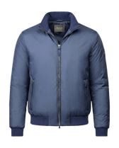 Blue jacket with a brand label on a black background