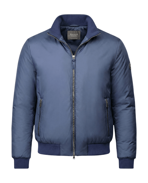 Blue jacket with a brand label on a black background