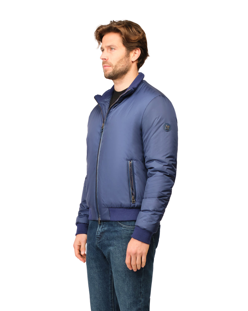 Man wearing a blue jacket on a white background