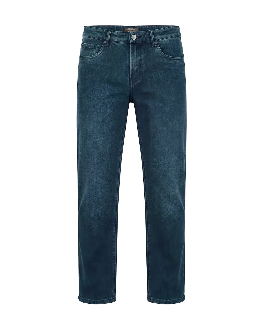 A pair of dark blue denim jeans shown flat against a solid white background.
