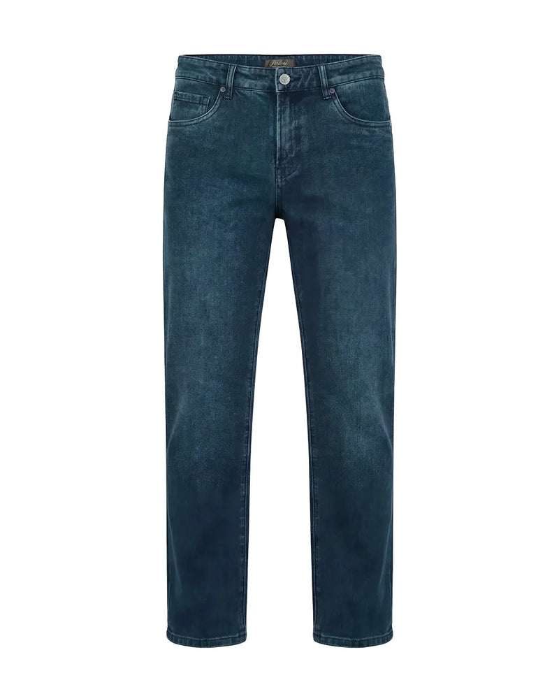 A pair of dark blue denim jeans shown flat against a solid white background.