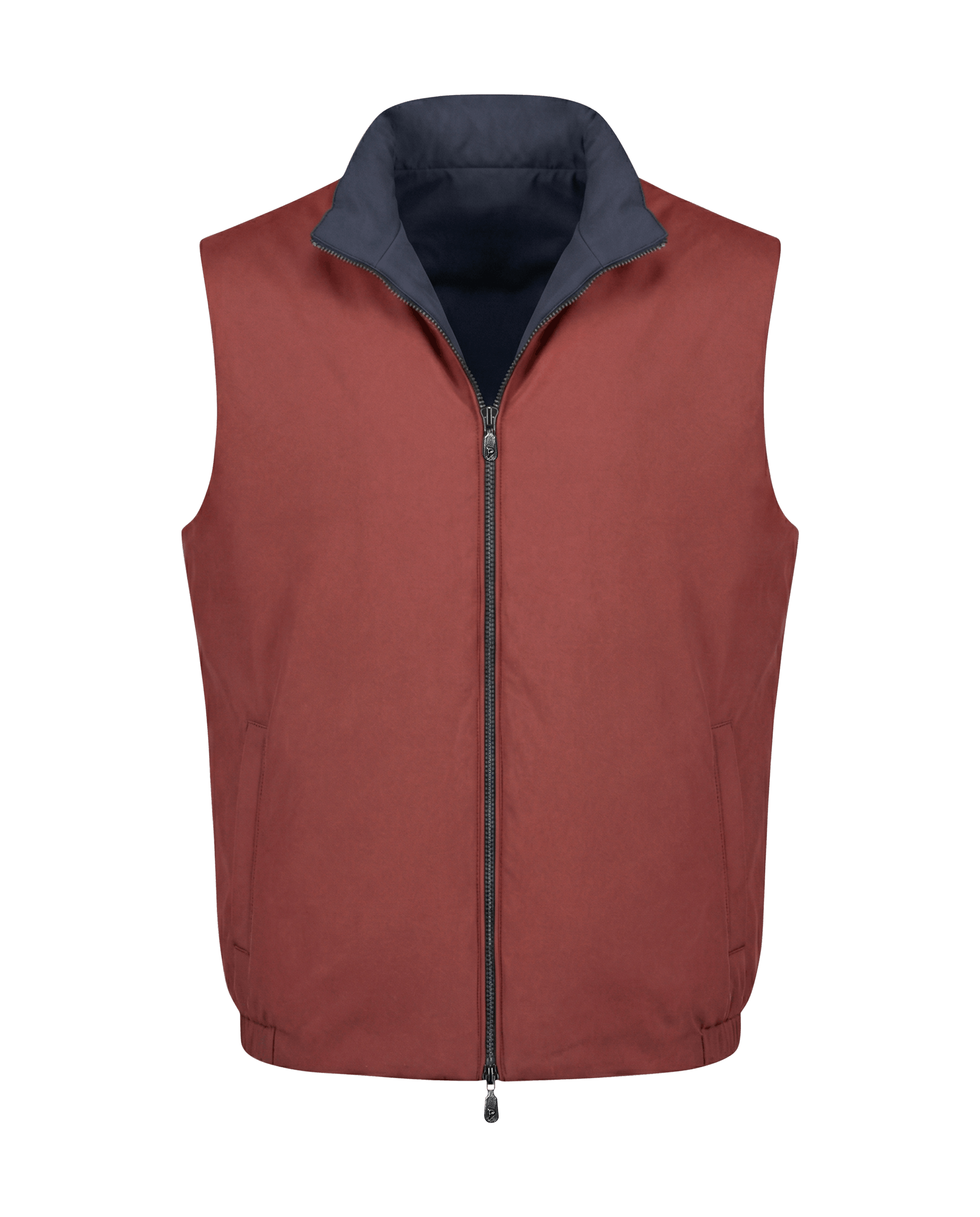 Red vest with a blue collar on a black background