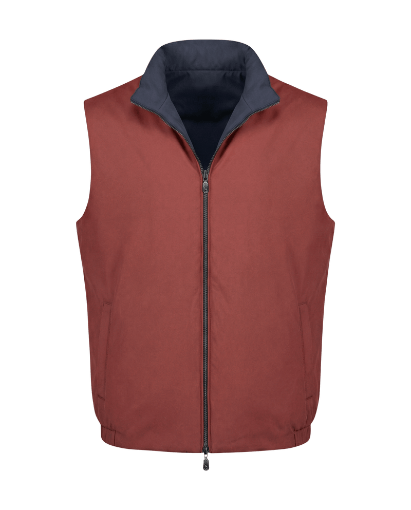 Red vest with a blue collar on a black background