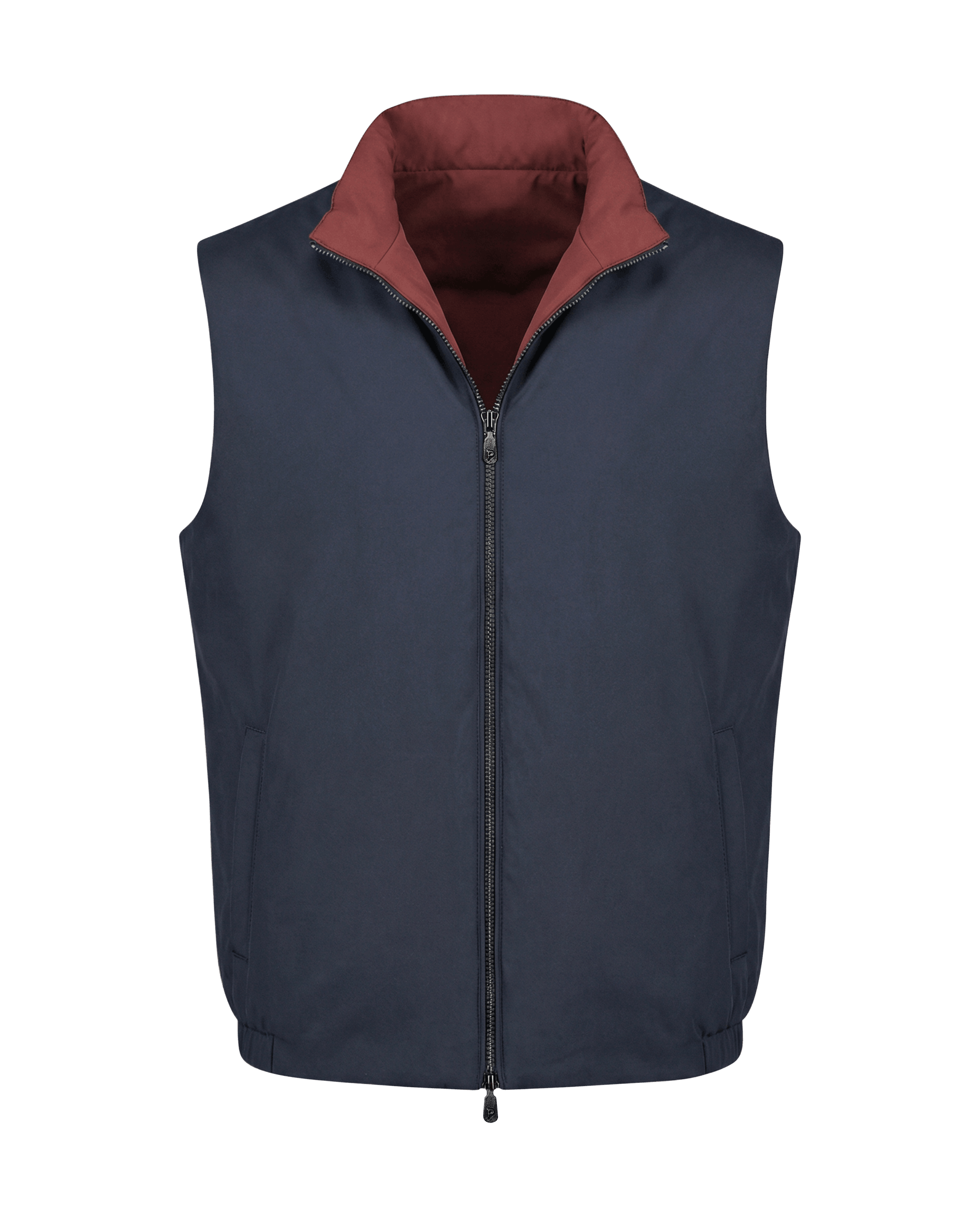 Navy blue vest with a red collar on a black background