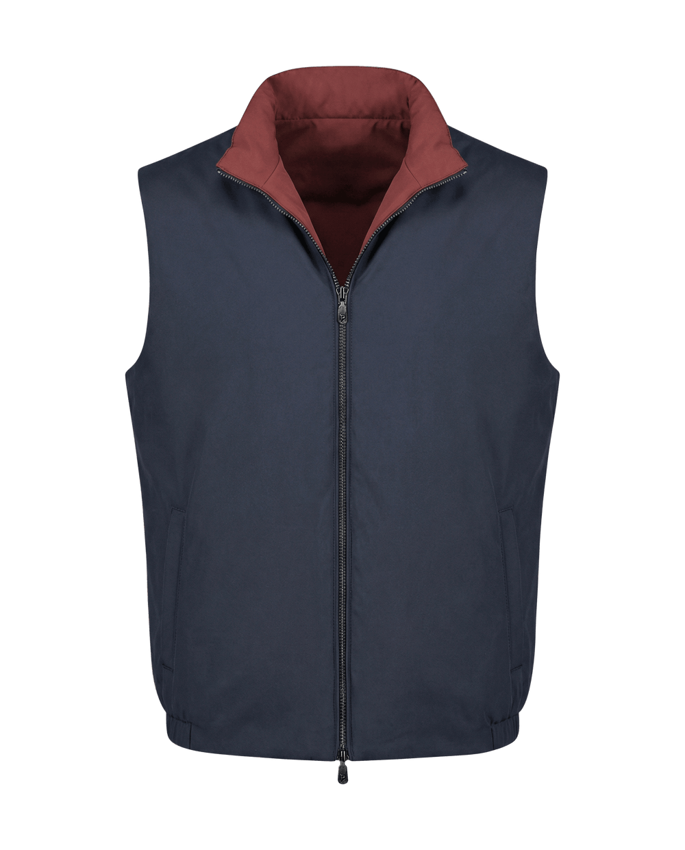Navy blue vest with a red collar on a black background